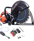 Hardcore 14 Inch Concrete Saw With Water Line And Dust Extraction Port Rips Right Through Concrete And Porcelain 15 Amp Wet Dry Power Tool No Fuss Operation Dead Straight Cuts, side view showing blade and accessories.