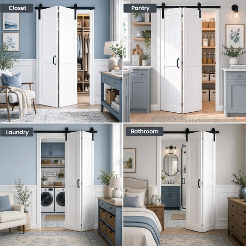 H Shape Bifold Barn Door 36 By 84 Inches equipped with heavy duty track kit in closet, laundry, pantry, and bathroom settings.