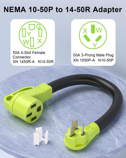 Heavy Duty Nema 10-50 to 14-50R EV Charger Plug Adapter on a marble surface, showcasing 50A connectors.