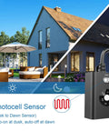 Weatherproof Outdoor Sensor Timer With Dual Grounded Outlets Delivers Zero Fuss Dusk To Dawn Light Control and Seven Quick Countdown Modes for Flawless Yard and Party Decor shown outdoors with house and garden.
