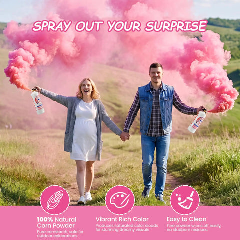 Big Time Gender Reveal Sprayers 2 Pack Biodegradable Color Powder Blasters in action with pink smoke at a celebration.