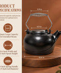 Solid Cast Iron Wood Stove Steamer And 3 Qt Humidifier Kettle showing specifications with chrome handle and matte black finish.