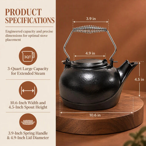 Solid Cast Iron Wood Stove Steamer And 3 Qt Humidifier Kettle showing specifications with chrome handle and matte black finish.