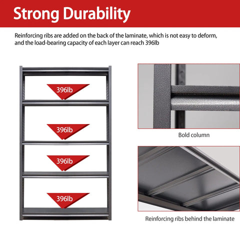 Heavy Duty 72 Inch 5 Tier Metal Storage Shelves Built Like A Tank Adjustable Garage Shelving Setup For Heavy Lifting And Big Gear Industrial Utility Rack Black Gray showing strong durability with 396lb capacity per layer.