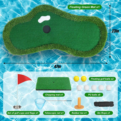 Poolside Floating Golf Green For Pool And Lake Play With Ball Retriever And Anti Drift Ropes Includes Chipping Mat Set
