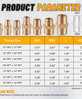Product parameter chart for Brass Pipe Fittings Hex Nipple Kit 30 Piece with size dimensions and thread specifications displayed.