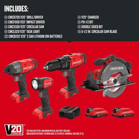 Pro Grade Garage Ready 20v Max Cordless Power Tool Combo featuring circular saw, impact driver, drill, light, and charger.
