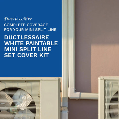 Zero Fuss Mini Split Line Set Cover Paintable Kit Crisp White Four By Fourteen Feet Complete Wall Cap Tubing Cover For Ductless Ac Systems, with clean white tubing on a wall.