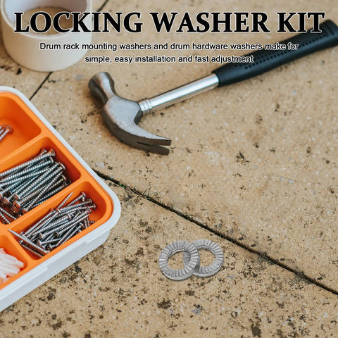 Heavy Duty Metal Wedge Locking Washers For Drum Rack Mounting Hardware and Cymbal Stand secure fasteners on a work surface.