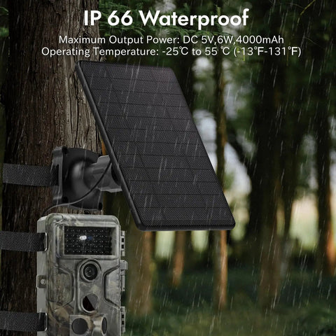 Rugged As Heck 6W Solar Panel For Trail Cameras mounted on a tree next to a trail camera, showcasing its IP66 weatherproof build.