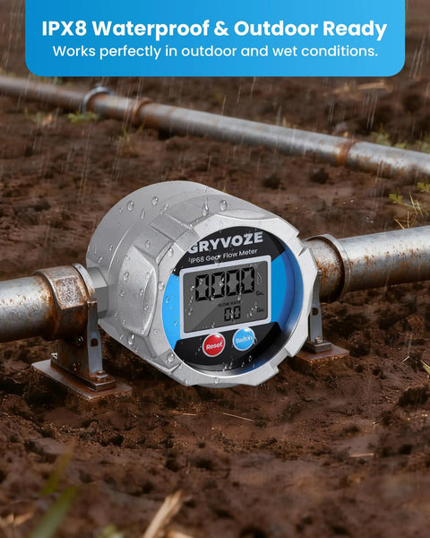 Three Quarter Inch NPT Gear Flow Meter for Oil and Coolants, waterproof, EMI resistant, shown outdoors on pipe in rain