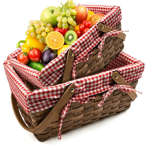Dual Size Picnic Basket Set With Double Folding Handles 16 Inch Woodchip Woven Basket With Removable Red And White Liner For Weddings Camping Outdoor Use Candy And Egg Gathering Storage, stacked with fruits