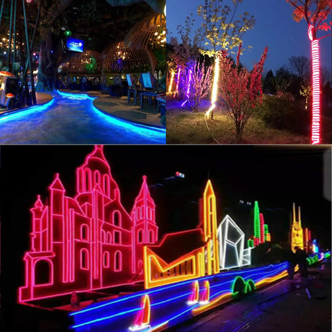 Lit 360 Degree Neon LED Light Strip 32.8ft illuminating outdoor paths, trees, and architectural designs with vibrant colors