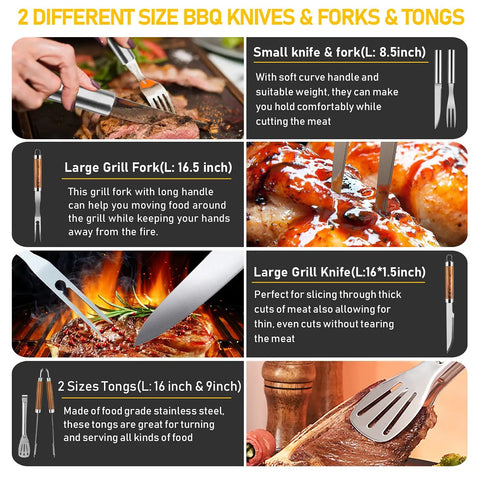 Close-up of 34Pcs Grill Accessories Set for Grilling Enthusiasts with knives, forks, and tongs in use on BBQ meats.