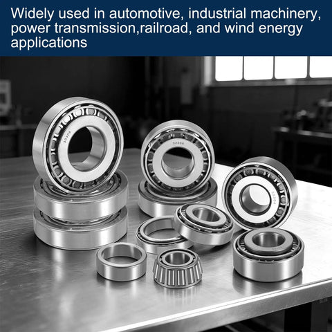Several Built Tough Chrome Steel Tapered Roller Bearing Cone And Cup Set With 35 Mm Bore 55 Mm Od And 14 Mm Thickness displayed on a metal table.