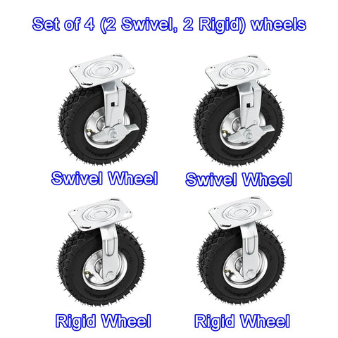 10 Inch Heavy Duty Pneumatic Caster Wheels With Secure Brake Set Of Four Featuring Two Swivel And Two Rigid Units for carts and workbenches.