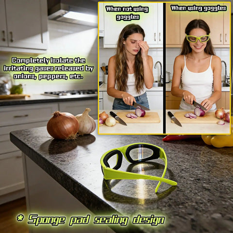 Tear Free Onion Goggles For Kitchen Cooking And Pepper Chopping With Anti Fog Lenses and Ultra Light Frame for zero cry time kitchen work, showing usage comparison.
