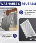 Premium Aluminum Washable Furnace Filter Built To Last A Lifetime For 10 X 20 X 1 Inches visible before and after washing.
