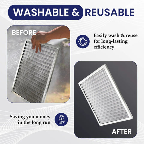 Premium Aluminum Washable Furnace Filter Built To Last A Lifetime For 10 X 20 X 1 Inches visible before and after washing.