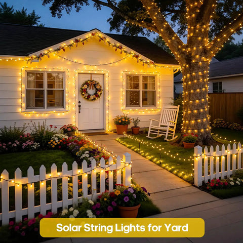 2 Pack Solar String Lights Outdoor Waterproof 400 LED 151 Ft Total Warm White 8 Modes Solar Powered Xmas Lights on house