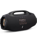 Hardest Hitting Portable Waterproof Speaker With Pro Sound And AI Boost, Dual Woofers And Tweeters, Black, side view.