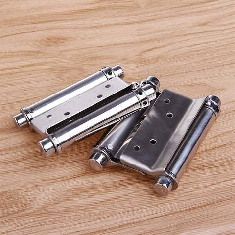 Two Piece 3 Inch Stainless Steel Double Action Spring Door Hinge with Slam-Free Hydraulic Soft Close on wooden surface