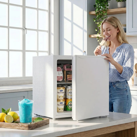 Hella Compact Mini Upright Freezer Packs 1 Point 1 Cubic Feet Inside With Five Level Temperature Knob Removable Shelves and Crisp White Finish.