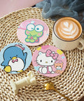 Diamond Art Coasters Set With Holder For Adults And Kids, three cartoon coasters on table with latte