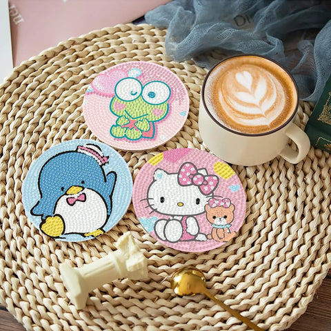 Diamond Art Coasters Set With Holder For Adults And Kids, three cartoon coasters on table with latte