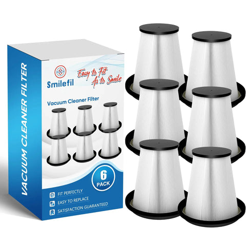 Six Pack Replacement HEPA Filters For Dust Extractors Cone Shaped Design For S13 S26 S36 F26 And G22 Units Compatible With OEM 590430201 And 200900050 Pro Grade Filtration With Easy Install And Superior Fine Dust Capture next to product box.