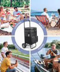 Large Collapsible Soft Sided Cooler On Wheels With A Big 7 Inch Wheel 84 Can Capacity Perfect For Beach Trips Camping Fishing And Road Trips 20 Plus Hour Ice Retention Leakproof And Anti Tipping Design shown in various outdoor settings: camping, beach, sports, and fishing.