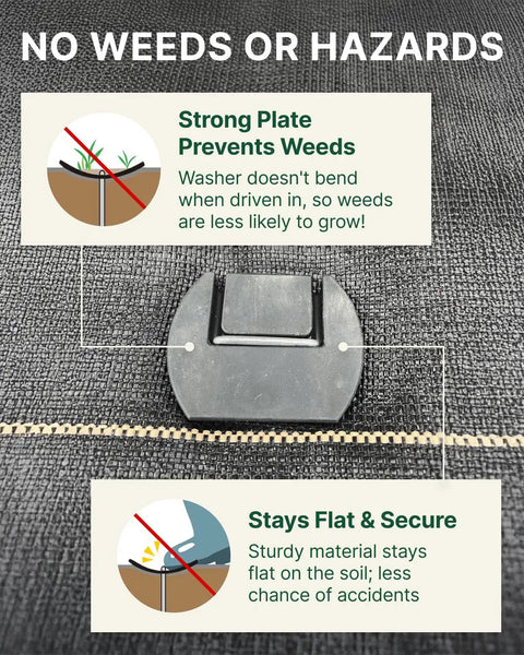 Close-up of Flip Washer Garden Stakes with strong plate design on landscape fabric for weed prevention and stability.