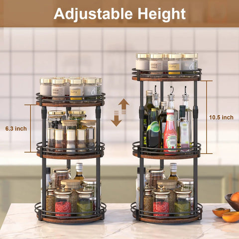 3 Tier Rotating Lazy Susan Spice Rack With Adjustable Height For Cabinet Pantry And Kitchen Counter Quick Glide smooth turn black racks with multiple jars.