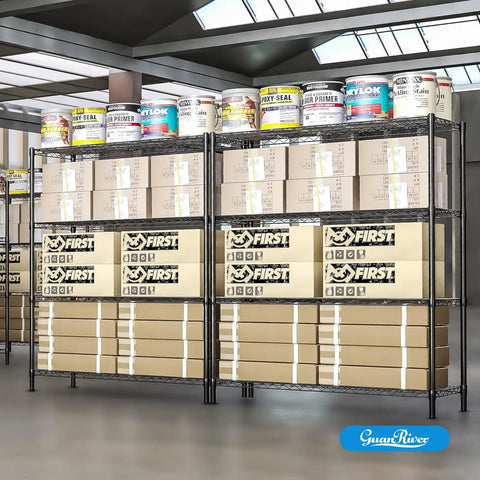 Heavy Duty Wire Shelving Unit With Four Adjustable Shelves Built Like A Tank For Garage Storage Black Coated Metal Rack filled with boxes and paint cans.