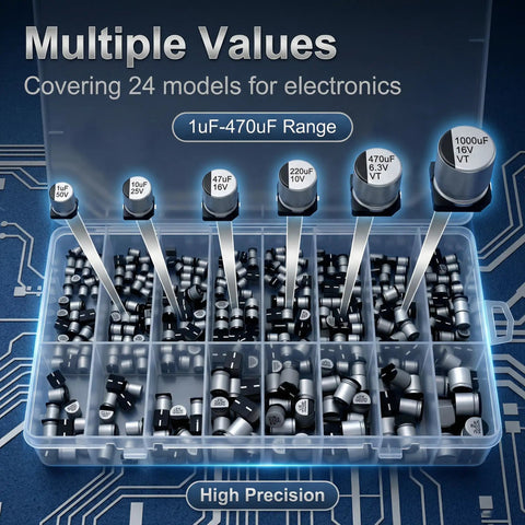 No Brainer 400Pcs SMD Aluminum Electrolytic Capacitor Kit With 24 Values From 1Uf To 1000Uf arranged in a sturdy storage box.
