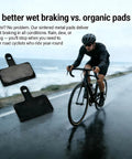 Cyclist on wet road with disc brake caliper kit, front and rear disc brake caliper kit with resin semi metallic pads for F160 R140 F180 R160 systems compatible with Shimano MT200 Tektro and most mountain and electric bikes and scooters beefed up braking performance.