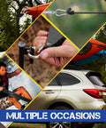 Heavy Duty Tie Down Straps With Quick Loop Anchors shown securing a kayak on car roof, metal hook detail, and man using straps