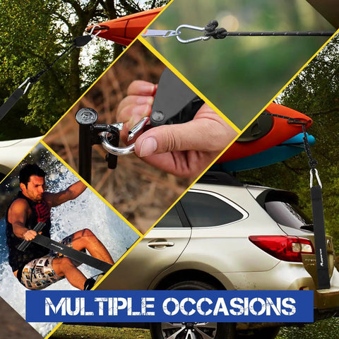 Heavy Duty Tie Down Straps With Quick Loop Anchors shown securing a kayak on car roof, metal hook detail, and man using straps