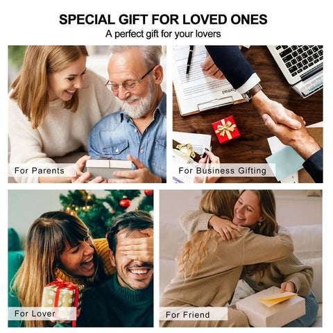Four images showing people exchanging gifts: parents, business partners, lovers, and friends, illustrating gifting occasions.