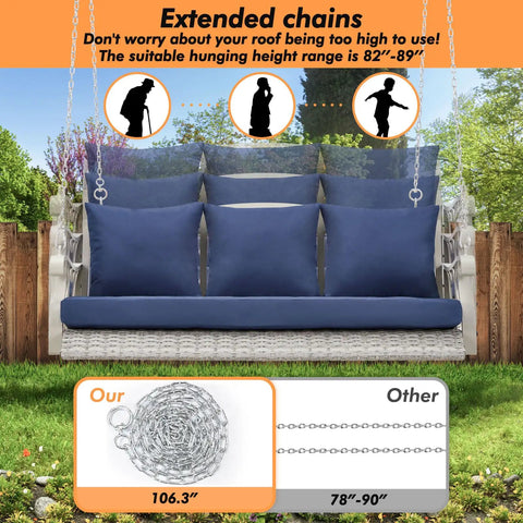 Heavy Duty 900 Lbs Porch Swing Chair For Three Folks Outdoor Rattan Patio Lounge in garden with extended steel chains