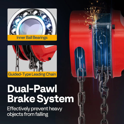 3 Ton 10ft Red Chain Hoist Heavy Duty Manual Pulley Lift With G80 Manganese Steel Chain dual-pawl brake system close-up