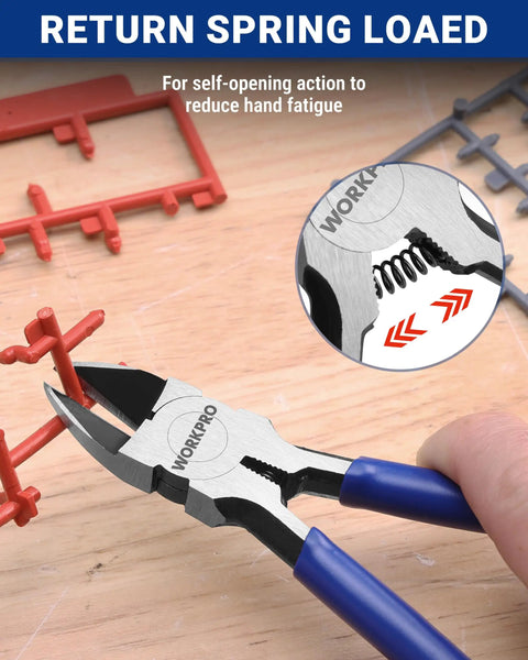 Six Piece Wire Cutters Set With Six Inch Precision Flush Cutters Plus Side Cutters for effortless wire snipping with a spring-loaded mechanism.