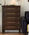 No Nonsense Solid Brass Cabinet Pulls With Sleek Brushed Gold Finish on a dark wooden dresser with five drawers.