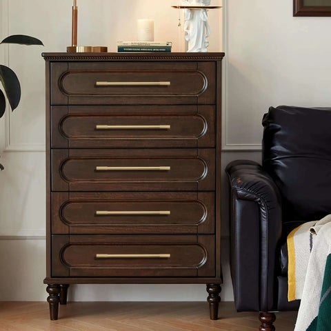 No Nonsense Solid Brass Cabinet Pulls With Sleek Brushed Gold Finish on a dark wooden dresser with five drawers.