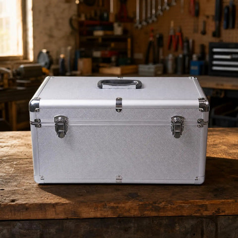 Silver Metal Tool Case With Ergo Grip Carrying Handle And Reinforced Corner Guards Built Different For Reliability During Harsh Field Repairs And Gear Storage With Multiple Secure Locking Clasps To Keep Your Wrenches Safe, shown from the front on a workbench.