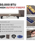 54 Inch Propane Fire Pit Table With Rain Cover For Outdoor Patio Backyard Or Deck 50 000 BTU Gas Heater Rectangular Modern Wood Look Fire Pit Durable Stainless Steel Burner Bowl Effortless Setup And Use packaging and features shown with blue decorative glass stone and safety ignition system.