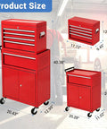 Heavy Duty Rolling Tool Chest With Five Spacious Drawers And Lockable Bottom Cabinet Detachable Mobile Workbench For Garage Storage size dimensions shown in red steel.