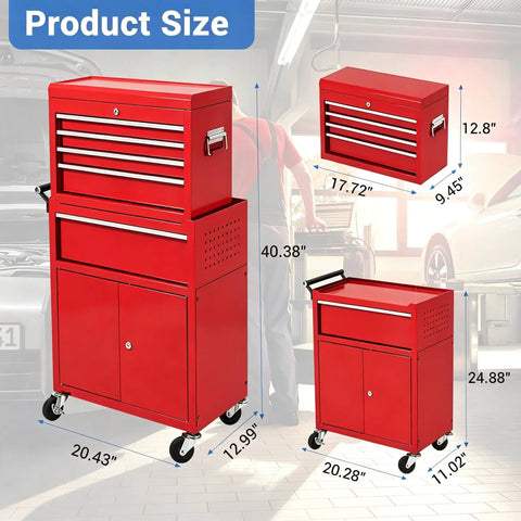 Heavy Duty Rolling Tool Chest With Five Spacious Drawers And Lockable Bottom Cabinet Detachable Mobile Workbench For Garage Storage size dimensions shown in red steel.