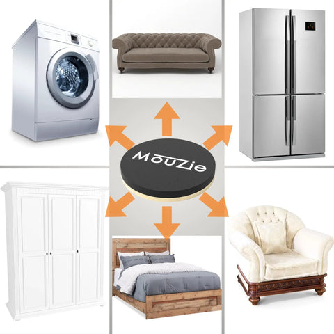 16 Pack Heavy Duty Furniture Sliders For Hardwood Floors, 3.5 Inch pads shown with couch, fridge, washer, and bed.