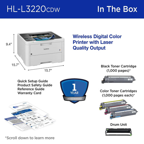 Box contents including Color Laser Printer With Wireless Printing 19 PPM Speed Duplex Printing Mobile Device Compatible 250 Sheet Tray